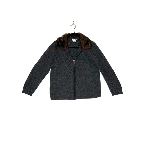 Deane & White size S cardigan lambswool gray detachable faux fur collar - Picture 1 of 8